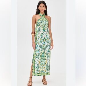 Farm Rio tropical green floral tapestry halter linen maxi sundress vacation XXS